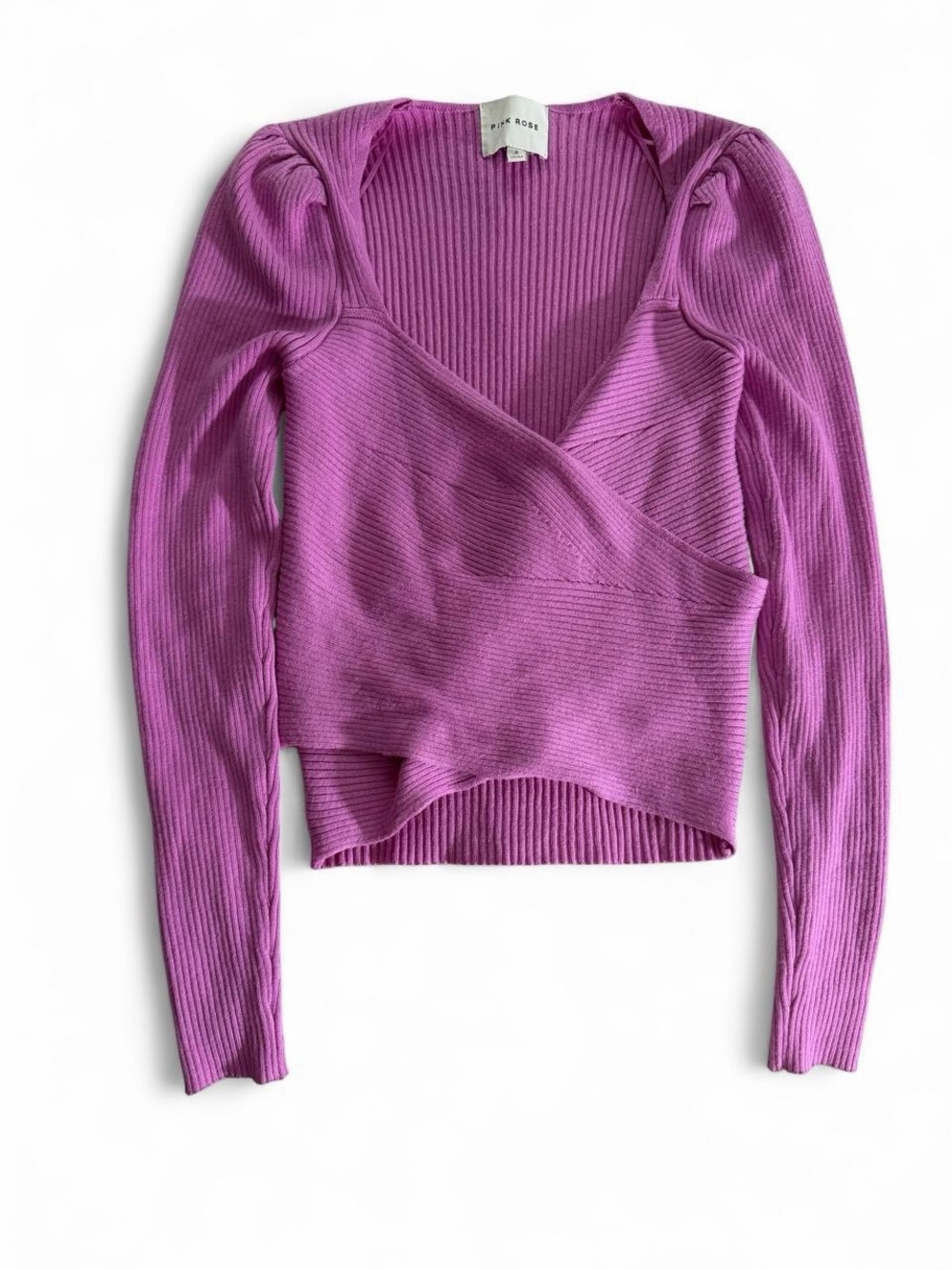 Pink Rose Fuchsia Ribbed Wrap V-Neck Sweater